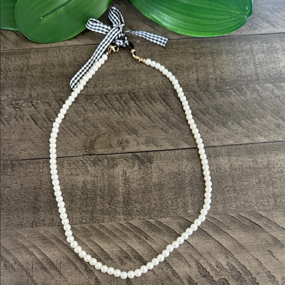 Jewelry - Repurposed Faux Pearl Necklace with Ribbon Accent